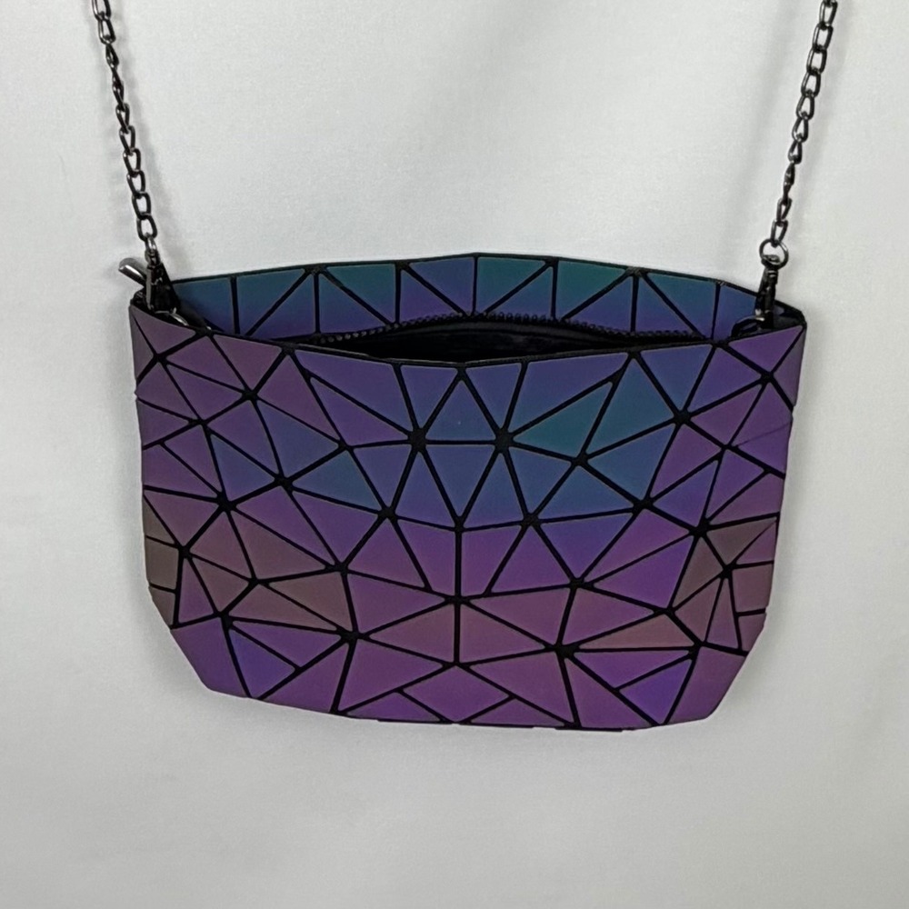 Geometric Holographic Luminous Crossbody Bag Purple Blue Iridescent Chain Strap